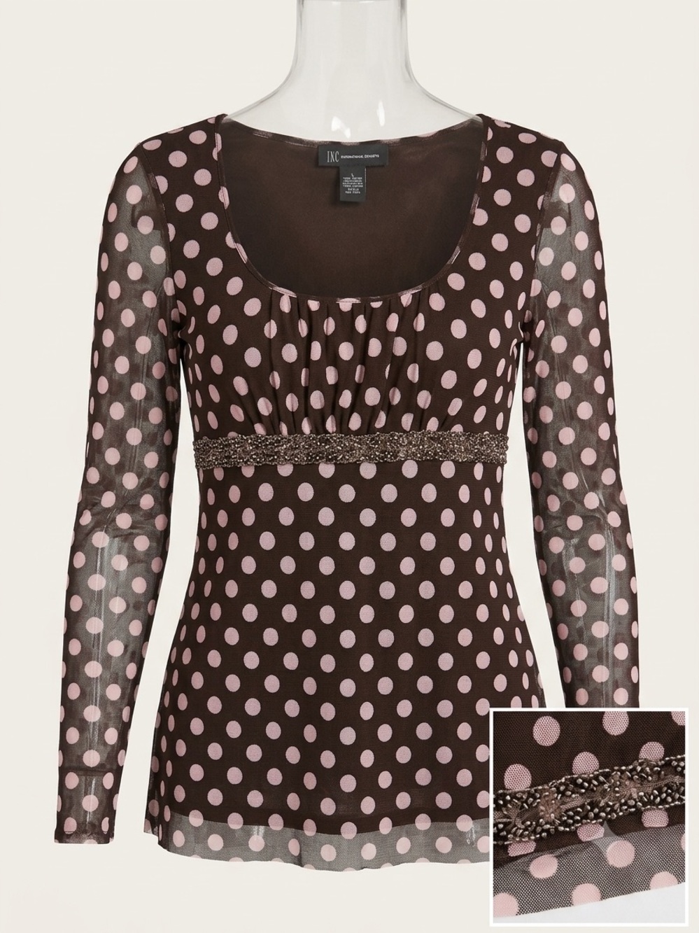 INC International Concepts Brown Polka Dot Scoop-Neck Blouse with Pink Dots